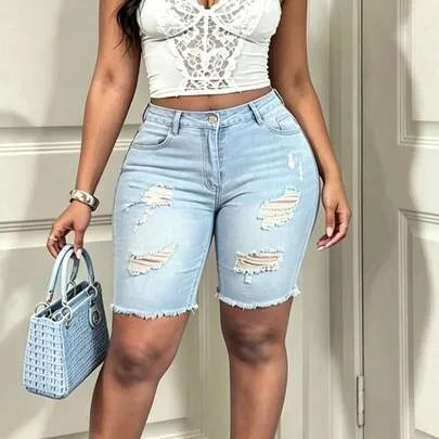 Stretch Knee-Length Denim Shorts by SHEIN