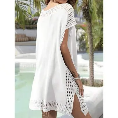 Hollow-Out Patchwork Loose V-Neck Dress by SHEIN