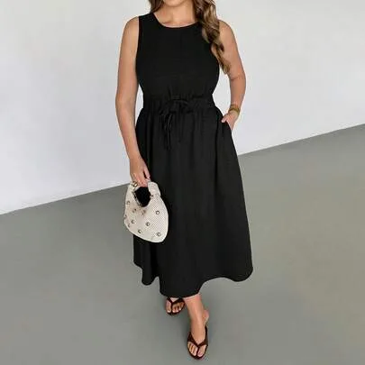 Linen Sleeveless A-Line Dress Elastic Waist with Tie Belt Flared Hem by Auralis