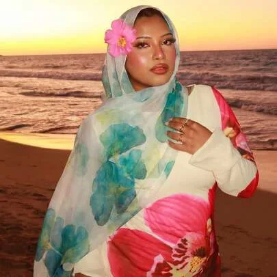 Lightweight Breathable Watercolor Tie-Dye Floral Print Hijab Headscarf Chiffon Fabric Head Wrap by SHEIN