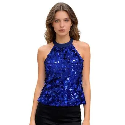 Sequined Halter Top Solid Color Sparkly Crew Neck Sleeveless Vest by SHEIN