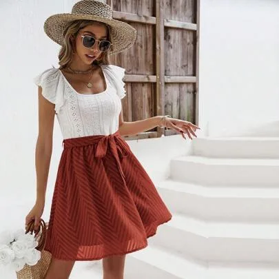 Colorblock Hollow Out Embroidered Scoop Neck Belted Dress by SHEIN