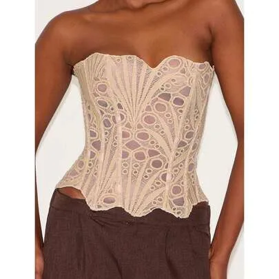 Lace Corset Top Textured Sheer Floral Lace Bustier Y2K Lace-Up Corset Overbust Top by SHEIN