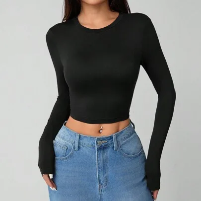 2 Packs Casual Simple Round Neck Long Sleeves Tight Cropped T-Shirts by SHEIN