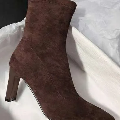 Classic Skinny Boots - Suede High Heel Elastic Shaft Chunky Heel Ankle Boots by SHEIN