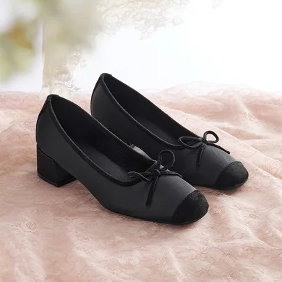Square Toe Chunky Heel Pumps, Versatile Bow Tie Flats, Slip-On High Heel Shoes by Rylithe