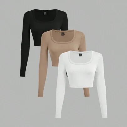 3pcs Pack U-Neck Short Tight Long Sleeve T-Shirt by SHEIN