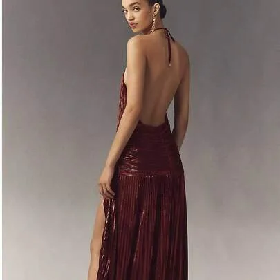 Valentine's Day Dinner Dress - Metallic Pleated Backless Sleeveless Tie Neck Split Gown by SHEIN