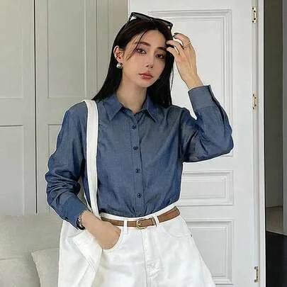 Denim Effect Print Single-Breasted Long Sleeve Shirt by DAZY