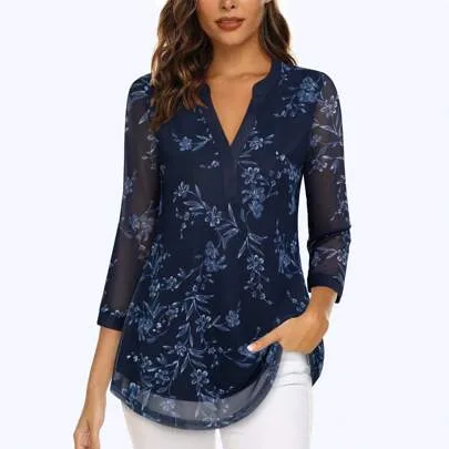 V-Neck 3/4 Sleeve Casual Dress with Layered Mesh Waist Tie Blouse by CheersLife