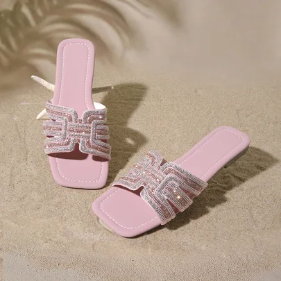 Rhinestone Embellished Flat Slides Open Toe by Tropiscape