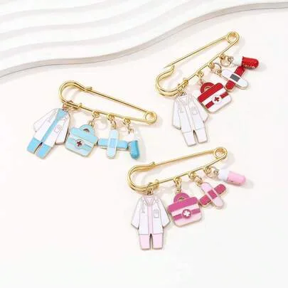 Creative Medical Theme Oil Drop Brooch White Coat Medicine Box Cross Pendant Pin by SHEIN