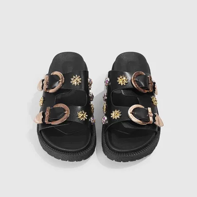Punk Style Round Toe Open Toe Slip-On Buckle Gold Shiny Stud Decoration Casual Slip-On Wedge by DareSee