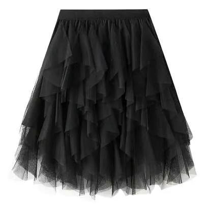 Wavy Asymmetrical Layered Mesh Puff Cake Skirt by SHEIN