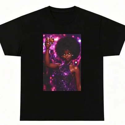Barbie Meme Disco Diva with Afro Glittering Party Portrait T-Shirt by SHEIN