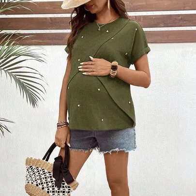 Maternity Heart Embroidery Round Neck Short Sleeve Casual T-Shirt by SHEIN