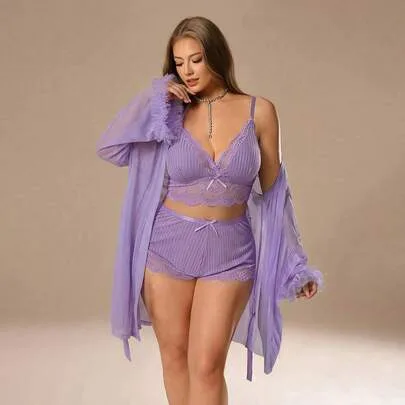 3 Pieces Set: Lace Trim Camisole Shorts + Floral Lace Wide Sleeve Mesh Robe by Auralis