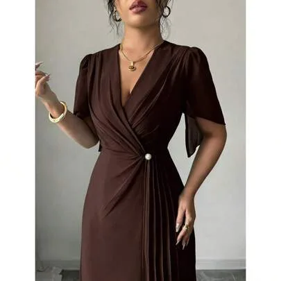 Solid Color Chiffon Cinched Waist Elegant Pleated Dress by SHEIN