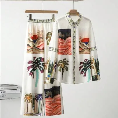 2pcs Casual Vacation Front Button Shirt & Pants Set by EMERY ROSE