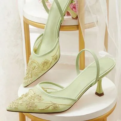 Embroidery Lace Pointed Mesh Bridal High Heel Shoes
