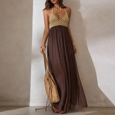 Crochet & Mesh Patchwork Deep V-Neck Elegant Dress by Aloruh