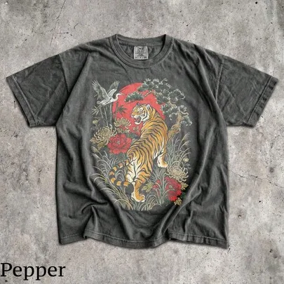 Retro Tiger Graphic Tee, Linocut Style Wildcat by SHEIN