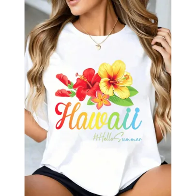 Hawaii Floral Print TShirt, Crew Neck, Casual Cotton Tee by SHEIN