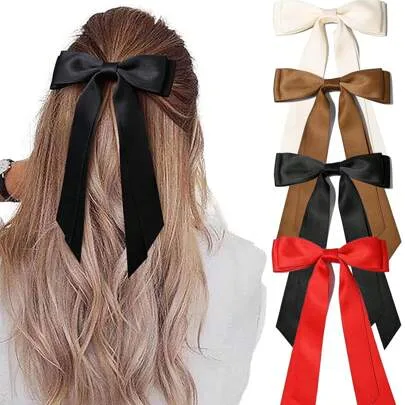4pcs Black, White, Red Satin Bow Minimalist Silky Hair Clips, Versatile High-End Elegant Clip-On Hair Accessories by SHEIN
