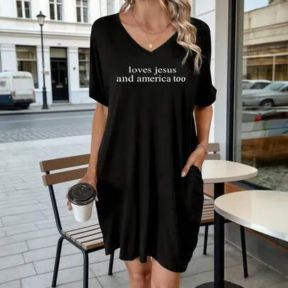 V Neck T Shirt Dress Black Loves Jesus and America Too Casual Outfit by SHEIN