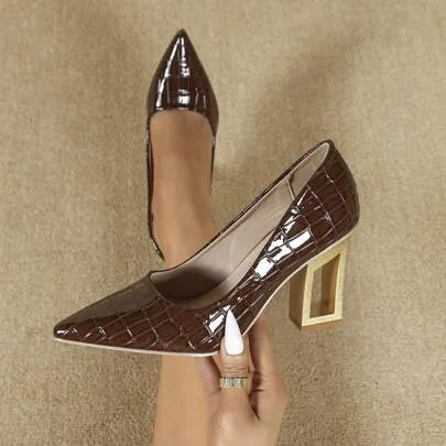 Pointed Toe Versatile French Style Chunky Heel Slip-On Pumps, Comfortable & Elegant by SHEIN