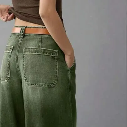Wide Leg Denim Pants with Pockets, Long Length, Slight Stretch Fabric by SHEIN