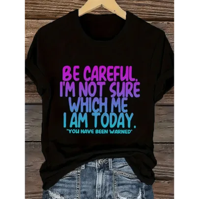 Funny Quote Print T-Shirt, Cute Casual Crew Neck Summer Top, Lightweight Knit Fabric by SHEIN