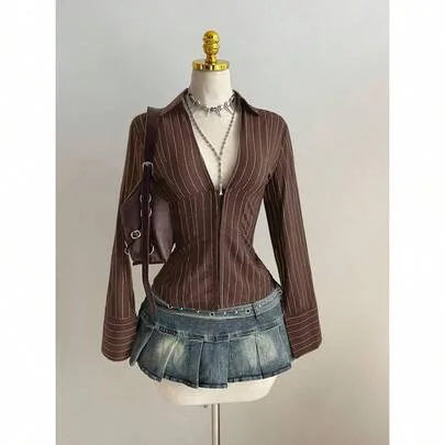 V-Neck Striped Collar Slim Fit Button-Up Long Sleeve Sexy Blouse for Commute & Daily Wear by SHEIN