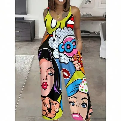 American Casual Style Color-Block Printed Pattern Halter Jumpsuit Pop Art Faces and Bold Colors with Comic Style Elements