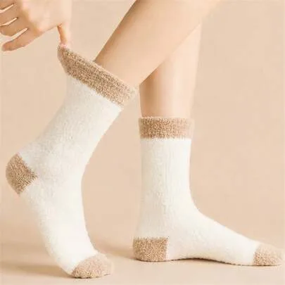 Khaki & White Striped Winter Warm Soft Plush Comfortable Fluffy Short/Mid-Calf Socks by CLIMPRESSION