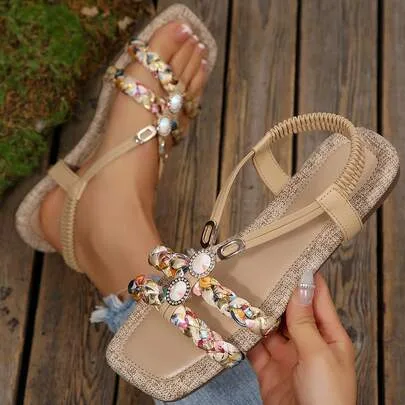Low Heels Sandals Beach Flats Square Toe Hollow Pearl Sandals Wide Width Slides by SHEIN