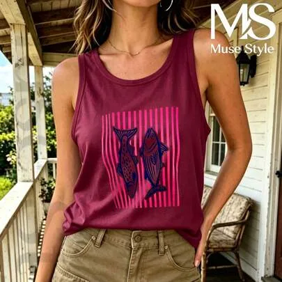 Fish Print Colorful Sleeveless Shirt Casual Stylish Tank Top by SHEIN