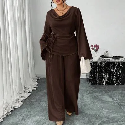Draped Neck Flare Sleeve T-Shirt and Straight Elastic Waist Pants 2-Piece Set by Firerie