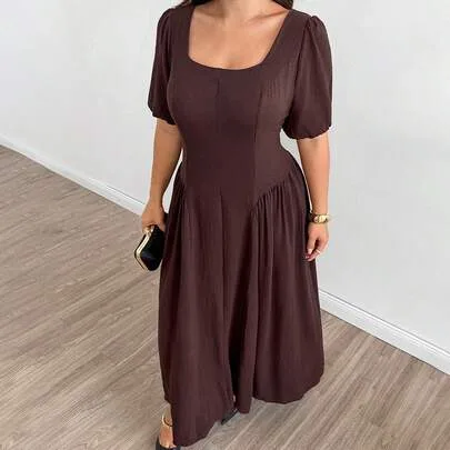 Square Neck Puff Short Sleeve Ruched Sides Full Skirt French Court Style Party Dress by Modelyn