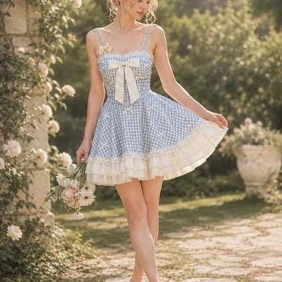Lolita Style Sweet Purple Plaid Cami Dress White Bow Lace Edge Tiered Ruffle Mini Dress Slim Fit A-Line Sundress by SHEIN