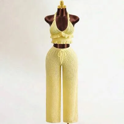 Soft Yellow Boho Beach Vacation Pleated Loose Wide Leg Pants Drawstring Texture Knitted Pants by Zestiva