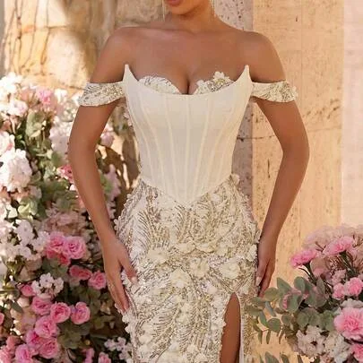 Romantic Luxurious 3D Embroidered Sequin Floral Lace Fabric Strapless Off-Shoulder Bodice with Mesh Sheer Effect Boning Trim A-Line Dress by Glamrae