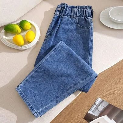 Solid Color Elastic Waist Casual Versatile Everyday Jeans by Comfortcana
