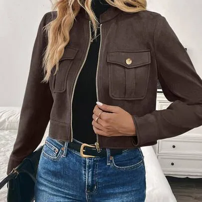 Large Pocket Metal Button Short Military Green Jacket by Struktiv