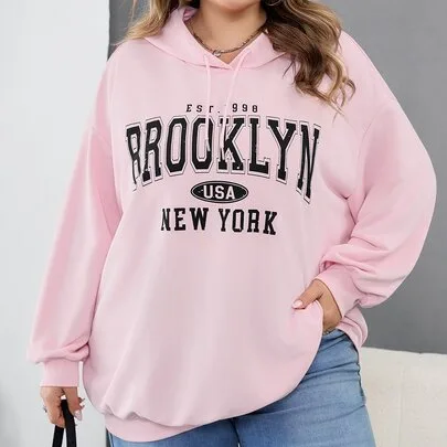Casual Simple American Retro English Printed Pattern Hooded Long Sleeved Loose Sweatshirt by SHEIN