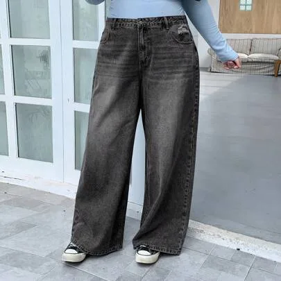 Distressed Washed Wide Leg Boyfriend Jeans Baggy Jeans by Livesso
