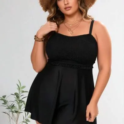 Sleeveless Shirred Knitted Fabric Swim Dress High Stretch Off the Shoulder Long Design by SHEIN
