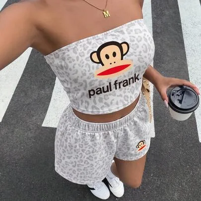 Casual Street Wear Leopard Print Cartoon Print Cropped Tube Top and Shorts 2pcs Set by Muchica