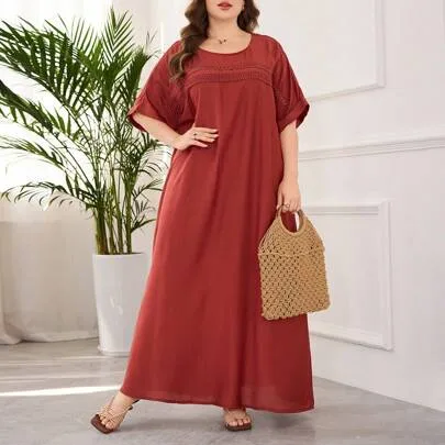 Minimalist Solid Color Lace Trim Batwing Sleeve Loose Casual Dress by Lacomfia