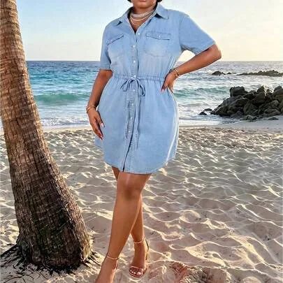 Denim Short Sleeve Knee-Length Bodycon Dress